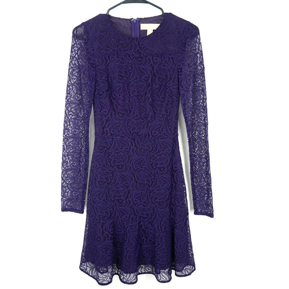NWT Michael Kors Lace Long Sleeve Skater Dress Purple 2‎